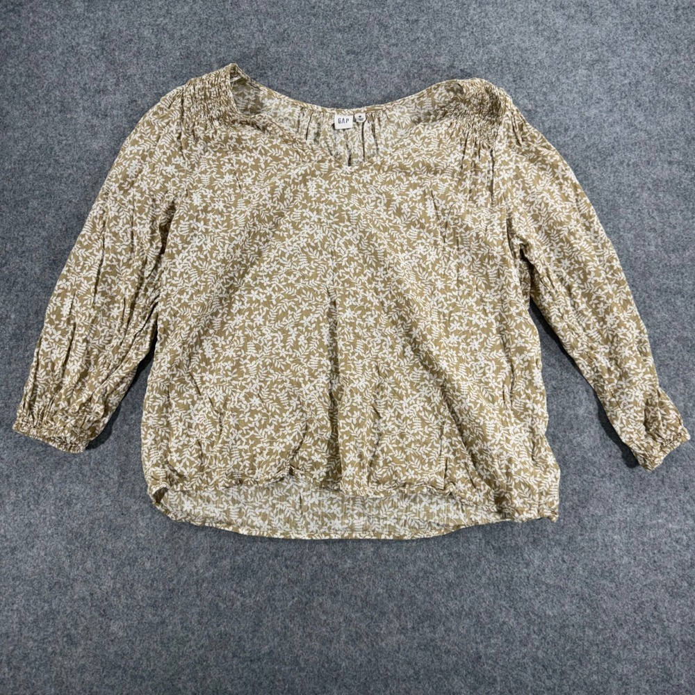 GAP Women Tan Floral V-Neck Blouson Blouse Long Sleeve Cotton Blend Size M
